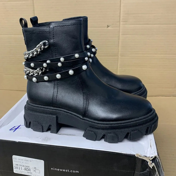 1439. Nine West Womens Cearlz3 Ankle Boot-Black/Leather-US 8 Womens - Picture 1 of 4